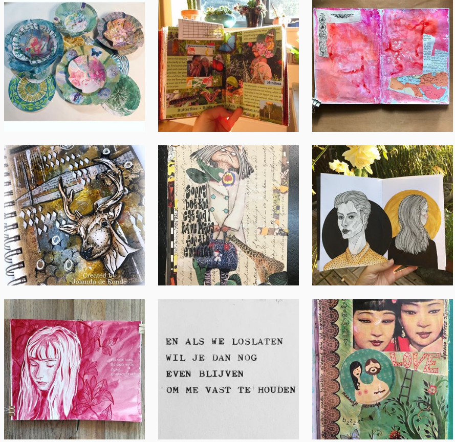 A grid of nine square photos shows a range of artistic styles and mediums to include collage, painting, sketching, paper craft, type face, and mixed media pages.