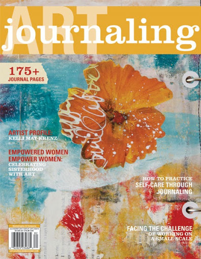 The cover of Art Journaling magazine features an abstract, mixed media floral background and four white article titles as described within this blog post. 