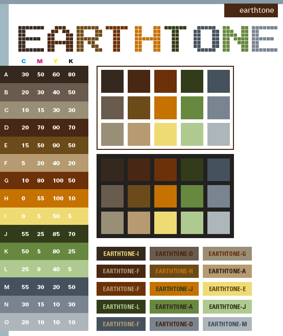 An earthtone color pallette includes 15 colors on a range of backgrounds and behind a number of font colors. 