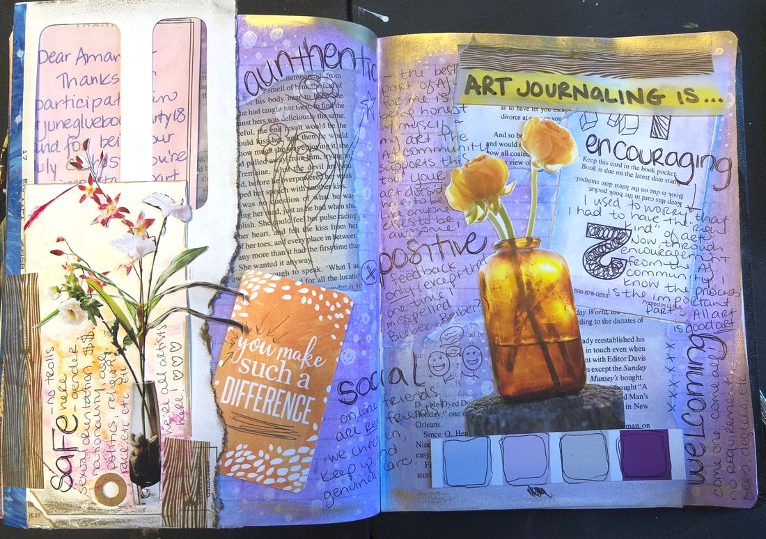 An open journal spread with a blue/lilac watercolor wash and layers of paper, floral clippings and doodles, and handwritten journaling on the following qualities of the art journaling community on instagram: safe, authentic, positive, social, encouraging, welcoming.