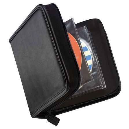 A picture of a black, faux leather travel CD case with sleeves for CDs inside and a zipper closure. 