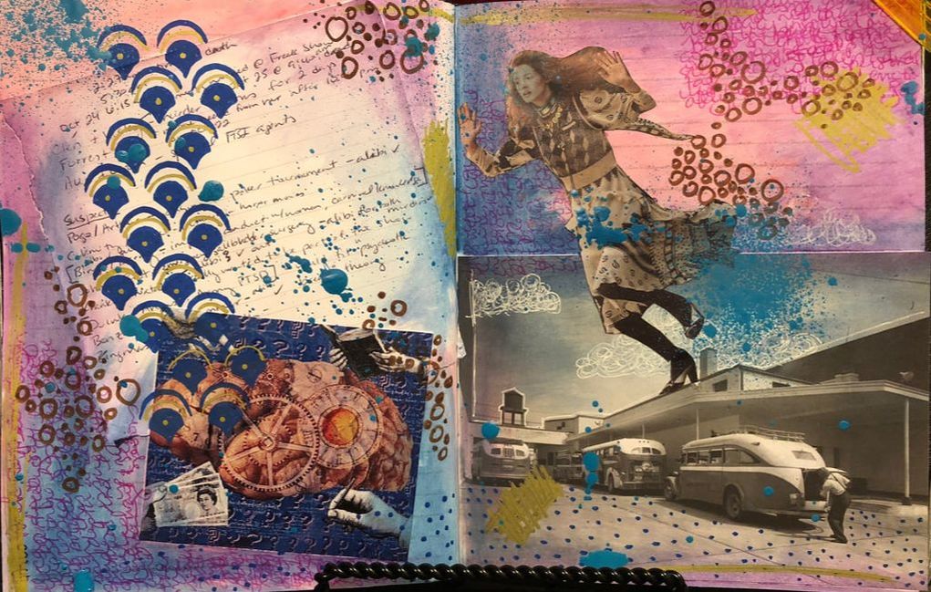An art journal spread with ephemera, painted patterns, gradations of color, doodles, and handwritten journaling.