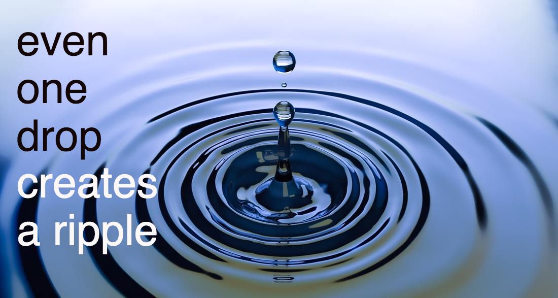 A photograph of a water drop creating a ripple on clear blue water. The text 