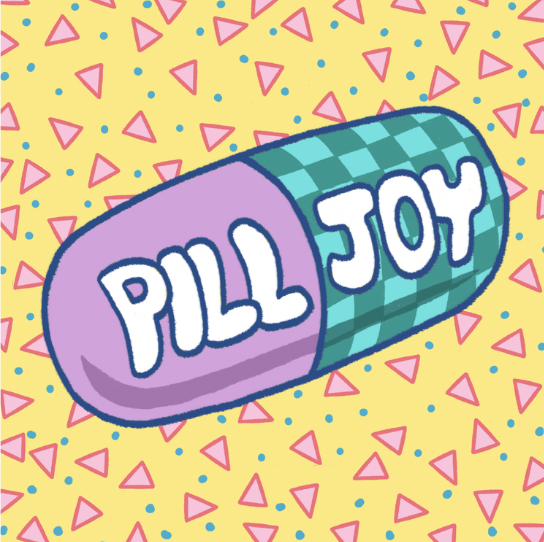PillJoy logo - a colorful purple and green pill on a bright yellow and pink triangle background
